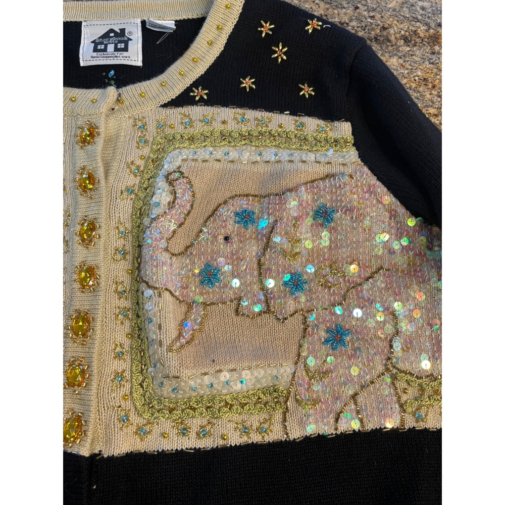 Vtg Storybook Knits 1X Black Elephant Sequin Embellished Button Cardigan Sweater - Picture 4 of 13